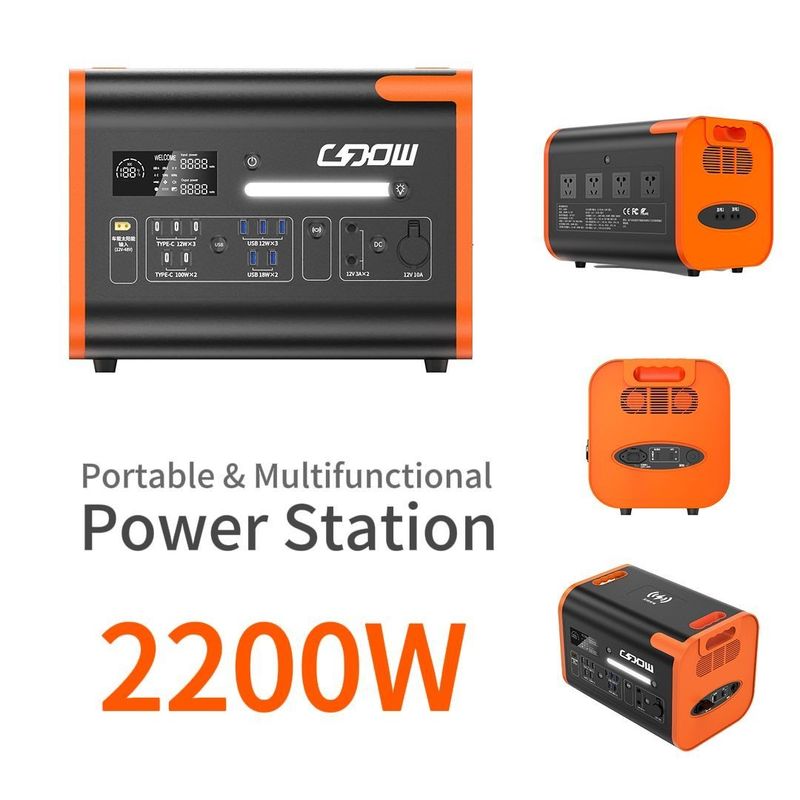بانک برق قابل حمل 2200W با نوع C 3*18W/2*100W و پانل خورشیدی قابل شارژ 2500W